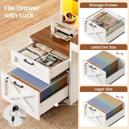 L Shaped Desk with 2 Drawers, 65"x 59" Large Home Office Desk with Lockable File Drawer & Power Strip, Corner Desk with Storage & LED Strip, White + Brown