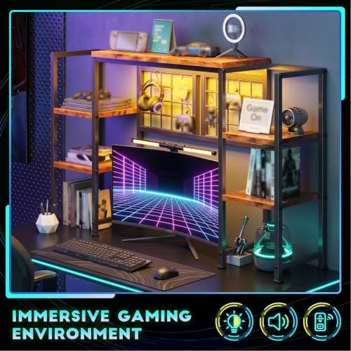 5-Tier LED Desk Hutch, Desk Shelf for Dorm Home Office, Rustic Brown, view 6