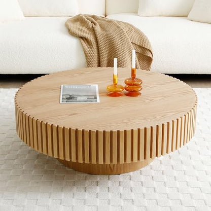 31.49" Coffee Table, Round Coffee Table, Wood Coffee Table for Living Room, Handcrafted Relief Carving, Easy Assembly, Oak
