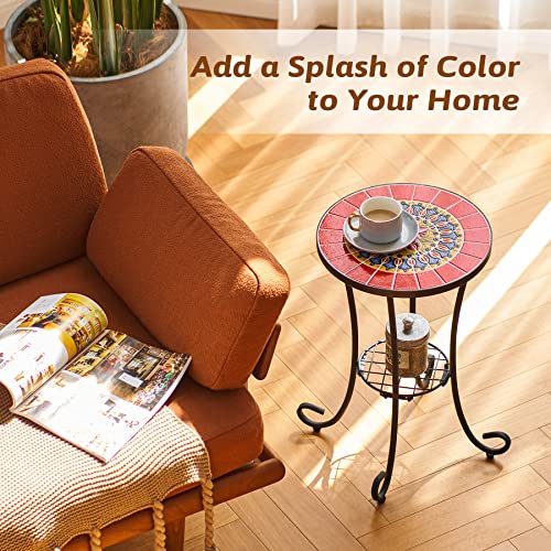Patio Side Table and Plant Stand, 21" End Table with 14" Ceramic Tile Top for Porch Garden Decor, Indoor and Outdoor Mosaic Table, Living Room Bedroom Balcony Furniture for Home & Garden, Red
