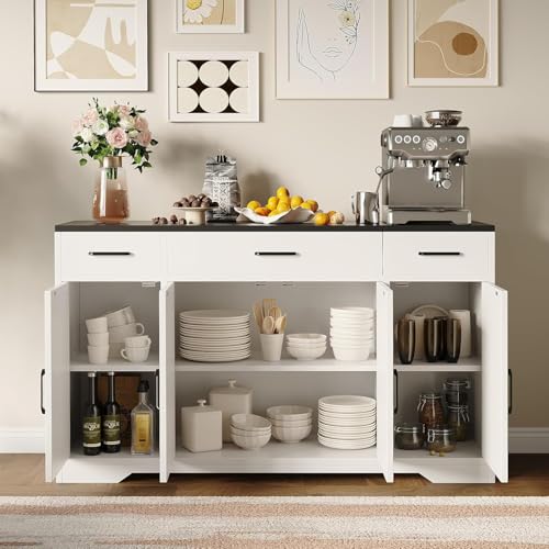 55 Inch Farmhouse Sideboard Buffet Cabinet with Storage & 3 Drawers & Barn Doors Large Modern Wood Coffee Bar Buffet Table, Dining Room Storage Cabinet for Dining Room, Kitchen, Living Room