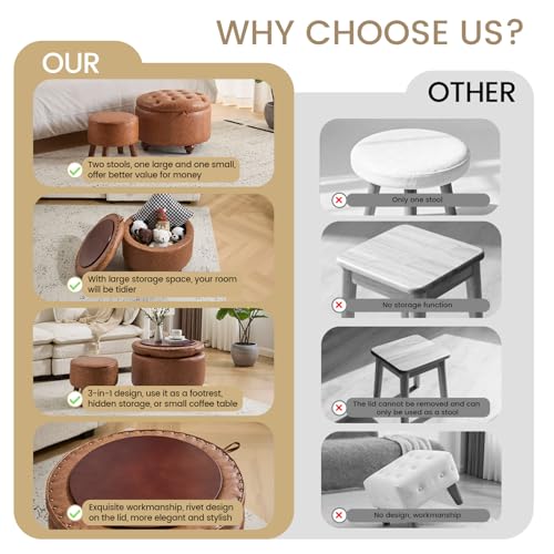 24Inch Round Storage Ottoman, Set of 2, Modern PU Leather Coffee Table with Removable Top, Upholstered Ottoman with Storage Footrest Stool for Living Room, Bedroom (Brown)