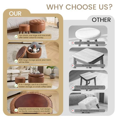 24Inch Round Storage Ottoman, Set of 2, Modern PU Leather Coffee Table with Removable Top, Upholstered Ottoman with Storage Footrest Stool for Living Room, Bedroom (Brown)