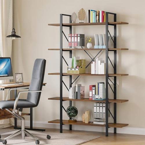 5 Tier Bookshelf | Large Bookcase Industrial Book Shelf Storage Organizer, Free Standing Storage Shelving Unit for Living Room, Bedroom,Home