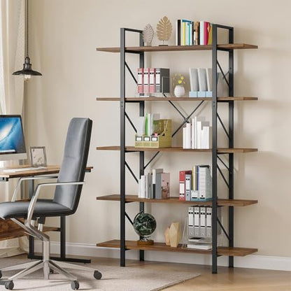 5 Tier Bookshelf | Large Bookcase Industrial Book Shelf Storage Organizer, Free Standing Storage Shelving Unit for Living Room, Bedroom,Home