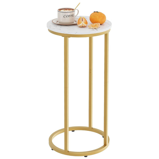 C Shaped end Table,Wood Round Side Table for Couch,Small Sofa Table with Metal Frame for Bedroom,Living Room,Bedside,Gold Color(11.81" D x 11.81" W x 23.62" H)