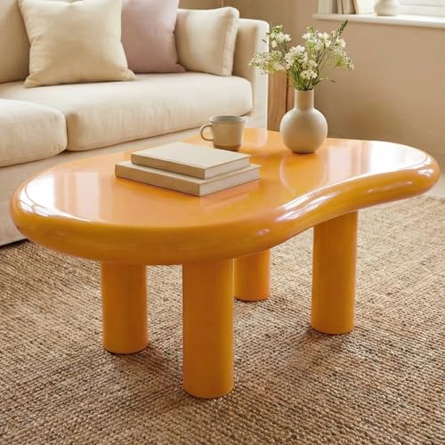 35" Modern Irregular Cloud Coffee Table Yellow Center Desk Minimalist Low Profile Tea Stand Unique Pebble Shape Sofa Side Table for Living Room Bedroom Office Apartment Furniture