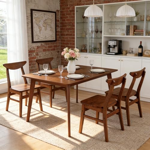 Wood Dining Table Set for 4, 43.3" Solid Wood Kitchen Table & 4 Curved Back Support Chairs, Farmhouse Natural Kitchen Table and Chairs for Small Apartment, Dining Room Kitchen