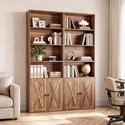Industrial Bookshelves and Bookcases with Doors Set of Two Floor Standing 6 Shelf Display Storage Shelves 70 in Tall Bookcase for Home Office, Living Room