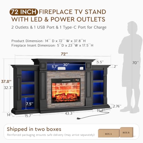 72'' Fireplace TV Stand with Outlet & LED, Electric Fireplace with Mantel, view 4