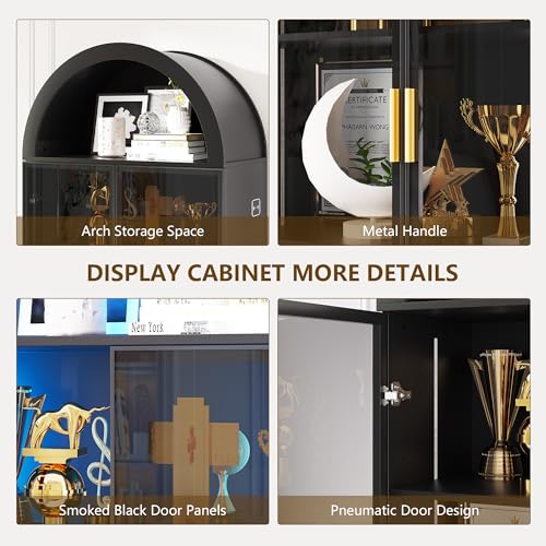Arched Display Cabinet with Doors, 76" Tall Curio Cabinet with Adjustable Shelves/3 Colors LED Lights, 6 Tier Display Case for Collectibles Bedroom Living Room Office, Black