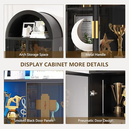 Arched Display Cabinet with Doors, 76" Tall Curio Cabinet with Adjustable Shelves/3 Colors LED Lights, 6 Tier Display Case for Collectibles Bedroom Living Room Office, Black