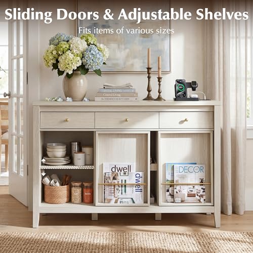 Buffet Cabinet with Storage, Modern Sideboard Cabinet with 3 Drawers, 2 Sliding Doors & Pull-Out Shelf, Coffee Bar Cabinet with Charging Station, White