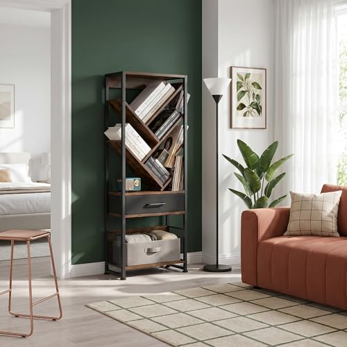 Bookshelf with Drawer,8 Tier Tree Bookcase Retro Floor Standing Bookshelves,Tall Wood Bookcases with Cabinet Storage Organizer for Living Room, Bedroom & Home Office, Classic