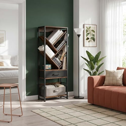 Bookshelf with Drawer,8 Tier Tree Bookcase Retro Floor Standing Bookshelves,Tall Wood Bookcases with Cabinet Storage Organizer for Living Room, Bedroom & Home Office, Classic
