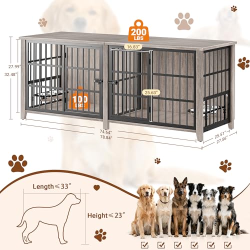 78" Dog Crate Furniture for 1 or 2 Dogs, Double Dog Crates, Grey, view 3