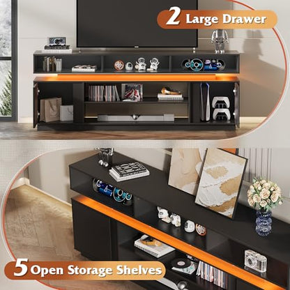 Modern TV Stand for 75 Inch TV, 2 Tier Entertainment Center with RGB LED Lights & Storage Cabinets, Media TV Console Gaming Television Stands for Living Room, Bedroom, Black