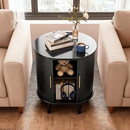 Mid Century Modern Nightstand Set of 2 with Charging Station, Fluted Accent Side Table with Sliding Door & Adjustable Shelf, End Table for Small Space, Living Room, Bedroom,Sofa Couch, Black
