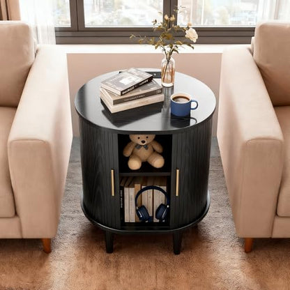 Mid Century Modern Nightstand Set of 2 with Charging Station, Fluted Accent Side Table with Sliding Door & Adjustable Shelf, End Table for Small Space, Living Room, Bedroom,Sofa Couch, Black