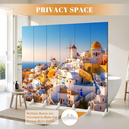 6 Panel Room Divider Screen Santorini Island Famous Popular Summer Resort Greece Folding Privacy Screen Canvas Wall Divider Wood Room Separator Portable Freestanding Partition 6Ft