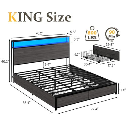 King Bed Frame with 2-Tier Storage Headboard, view 3