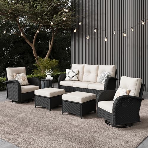 6 Pieces Outdoor Patio Furniture Set, Rattan Wicker Sectional Swivel Rocker Chairs Sets