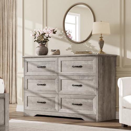 Farmhouse Wood 47.2" Wide 6 Drawer Dresser for Bedroom, Grey, view 4