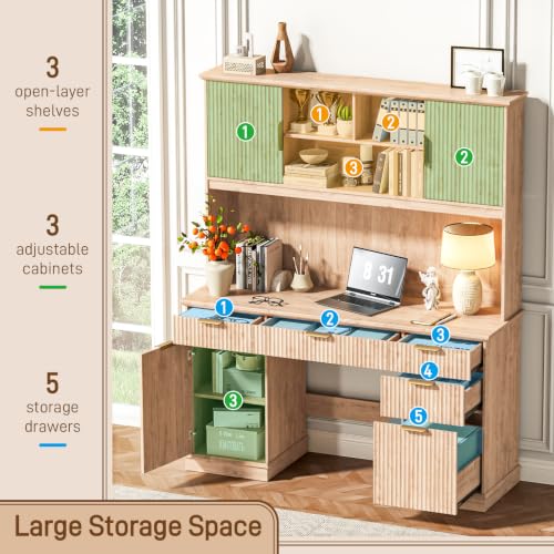 Farmhouse Executive Desk with 5 Drawers & 3 Storage Cabinets,Oak, view 6