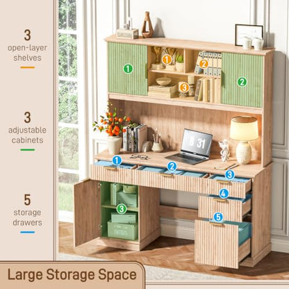 Farmhouse Executive Desk with 5 Drawers & 3 Storage Cabinets,Oak, view 6