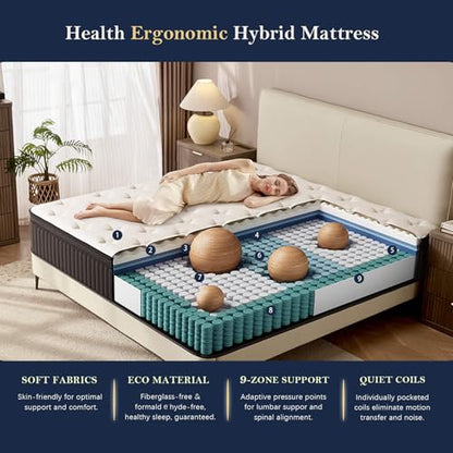King Mattress - 12 Inch Medium Firm Ergonomic Mattress, Zoned Pocket Springs with Memory Foam for Back Support & Motion Isolation - CertiPUR-US Certified