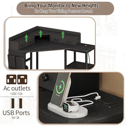 Corner Desk with 6 Drawers Shelves for Small Space Computer Desk with Power Outlets,Gaming Desk with Printer Monitor Stand Storage for Home Office Workstation Writing Table (Black, 31.5)