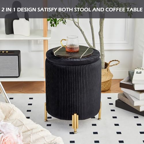Round Ottoman Foot Stool with Storage and Metal Legs for Living Room Bedroom, Velvet Upholstered Footrest Stool Support 300lbs Modern Padded Seat Ottoman Coffee Table (Black)