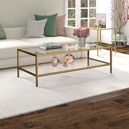 54" Wide Rectangular Coffee Table with Glass Shelf in Antique Brass, Modern coffee tables for living room, studio apartment essentials | Spacious dual-level design provides room for décor and essentials without overwhelming your space