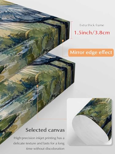 NuYeBiofx Heron Bird Country Sage Green Canvas Wall Art Prints,48"x32" Framed Picture Artwork Watercolor Oil Painting Style Printed Canvas Oil Painting for Living Room Bedroom Office,Ready to Hang
