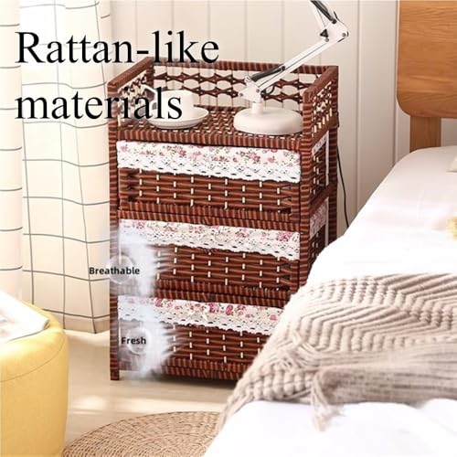 Rattan-Like Nightstand, Storage Cabinet with 3 Drawers, Minimalist Side Tables, Decorative Living Room Furniture, Multi-Function Side Cabinet for Bedroom, Living Room(White)
