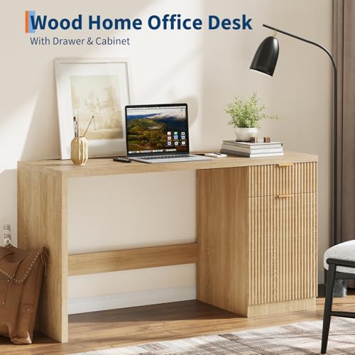 Fluted Executive Desk with Drawers, 60" Modern Home Office Desk, view 4