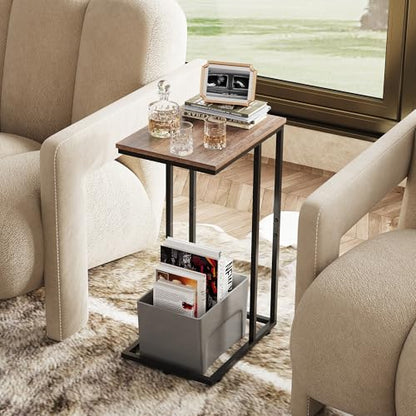 C Shaped End Table, Small Side Tables for Sofa and Bed, Couch Table That Slides Under for Living Room, Bedroom, Home Office, Small Spaces