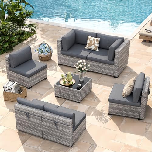 6-Piece Outdoor Patio Furniture Set, All-Weather Wicker Sectional Sofa with Deep Seating 4” Cushions, Heavy-Duty Steel Frame, Modular Rattan Couch for Backyard, Deck & Garden, Black