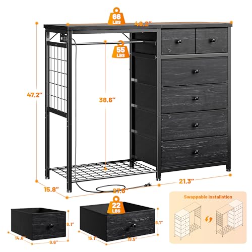 49.2" W Dresser with Hanging Rack & 6 Drawers, Grid Panel & 4 Hooks, view 3