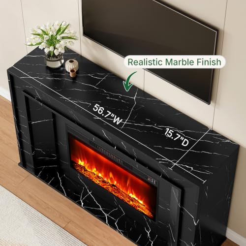 58" Fireplace TV Stand, Marble Finish Electric Fireplace Mantel,Black, view 6