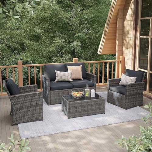4 Piece Outdoor Patio Furniture Set, All-Weather Wicker Patio Conversation Set, PE Rattan Sofa Set with Loveseat Chair and Tempered Glass Coffee Table, Dark Gray