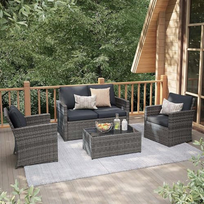4 Piece Outdoor Patio Furniture Set, All-Weather Wicker Patio Conversation Set, PE Rattan Sofa Set with Loveseat Chair and Tempered Glass Coffee Table, Dark Gray