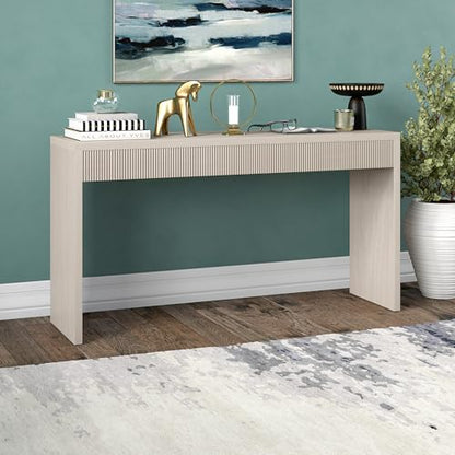 55" Rectangular Fluted Console Table, Ribbed Entryway Table, Sofa Table for Entryway, Living Room, Couch, Hallway, or Office, Beech White