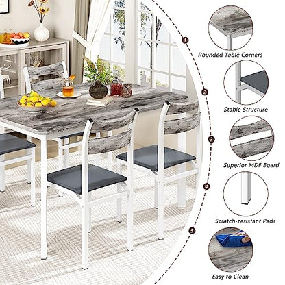 5-Piece Dining Table Set for 4, 43.3" Modern Wood Kitchen Table with PU Leather Chairs, Space-Saving for Small Spaces & Apartments, Easy to Assemble(Grey)