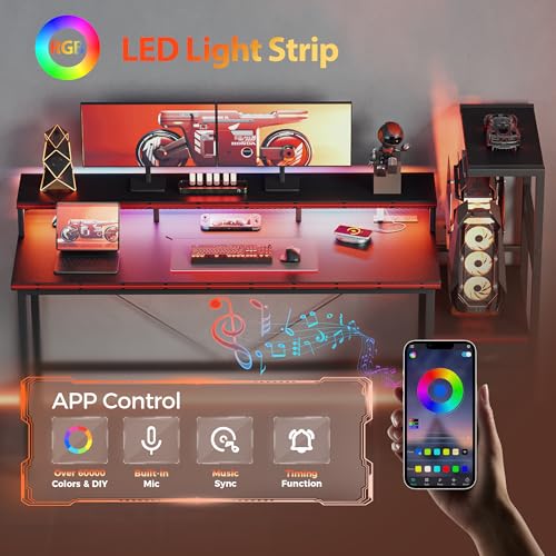 68 inch Gaming Desk with LED Lights & Power Outlets, Reversible Computer Desk with Storage Drawers & Monitor Stand, Large Gaming Table for Home Office