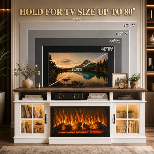 70" Fireplace TV Stand, Farmhouse TV Stand for TVs up to 80” with LED Lights, view 5