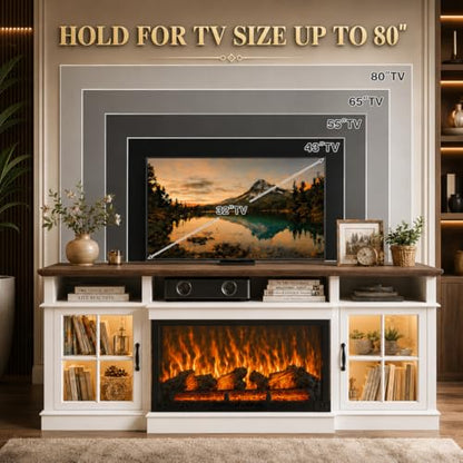 70" Fireplace TV Stand, Farmhouse TV Stand for TVs up to 80” with LED Lights, view 5