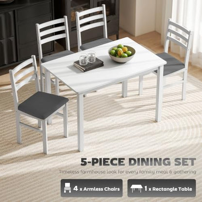 5-Piece Dining Table Set for 4, Solid Rubber Wood Legs, White, view 5