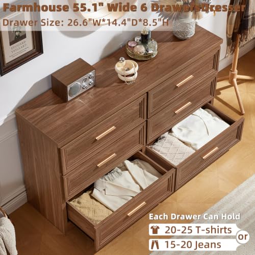 55.1" Wide Farmhouse 6 Drawers Dresser for Bedroom, Light Walnut, view 5