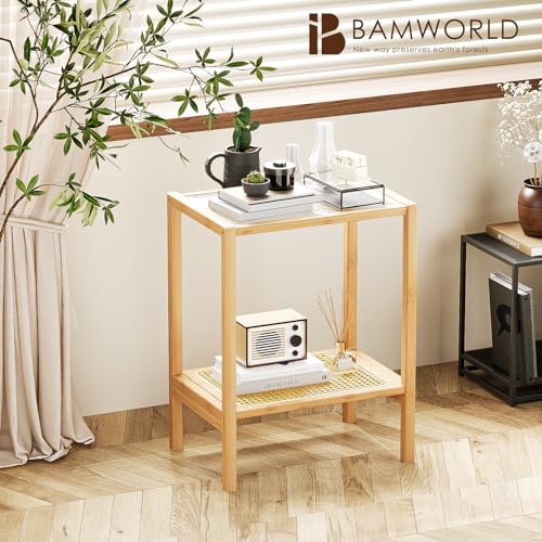 Side Table Nature Rattan Night Stand Glass End Table 2-Tier with Storage Boho Bedside Table for Small Spaces Bamboo Coffee Table for Bedroom Living Room